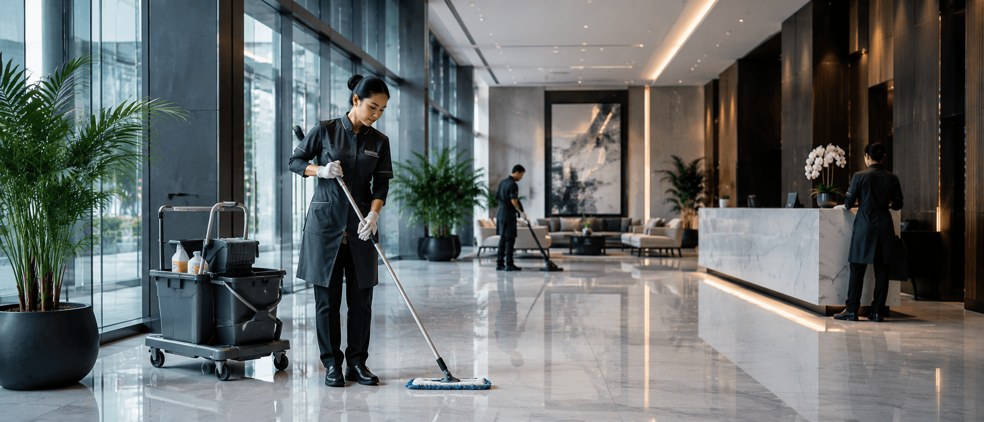 Soft services — cleaning, concierge and landscaping teams at work